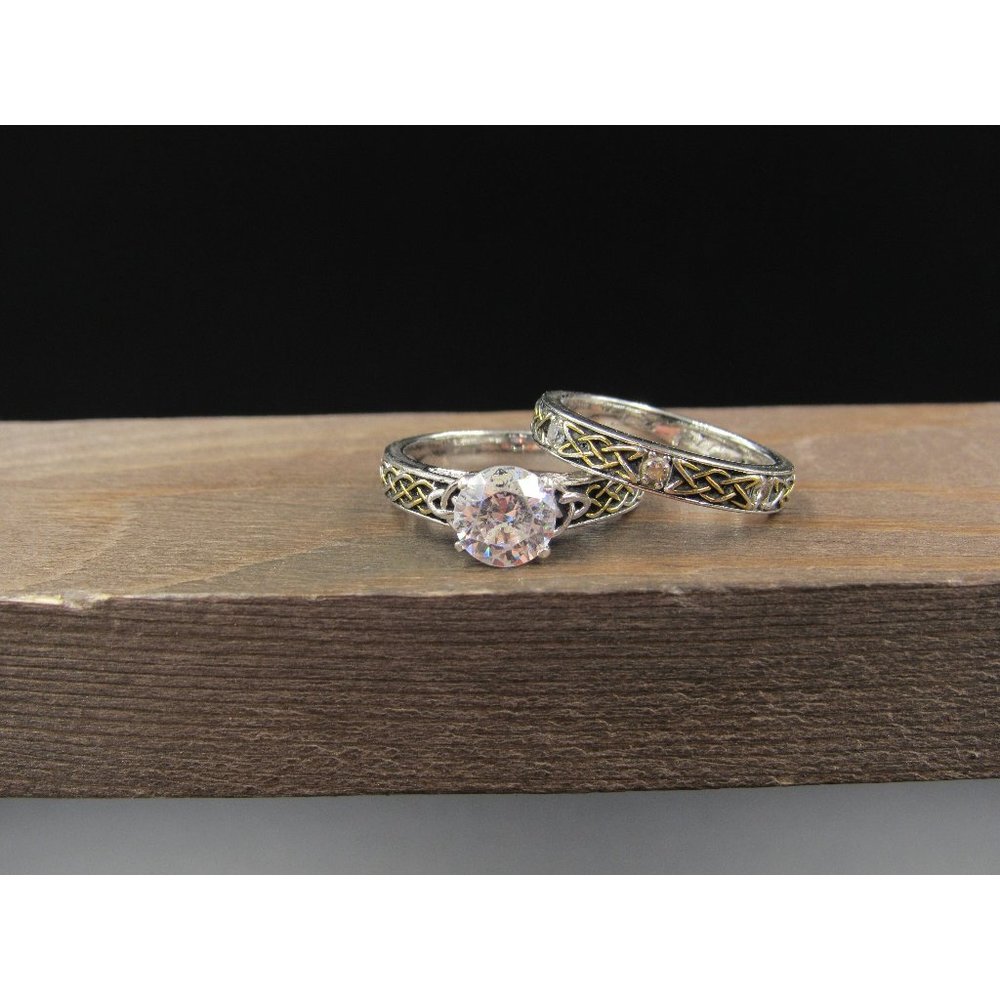 Size 7.25 Sterling Silver Two Tone Celtic Braid Cubic Zirconia Ring Set